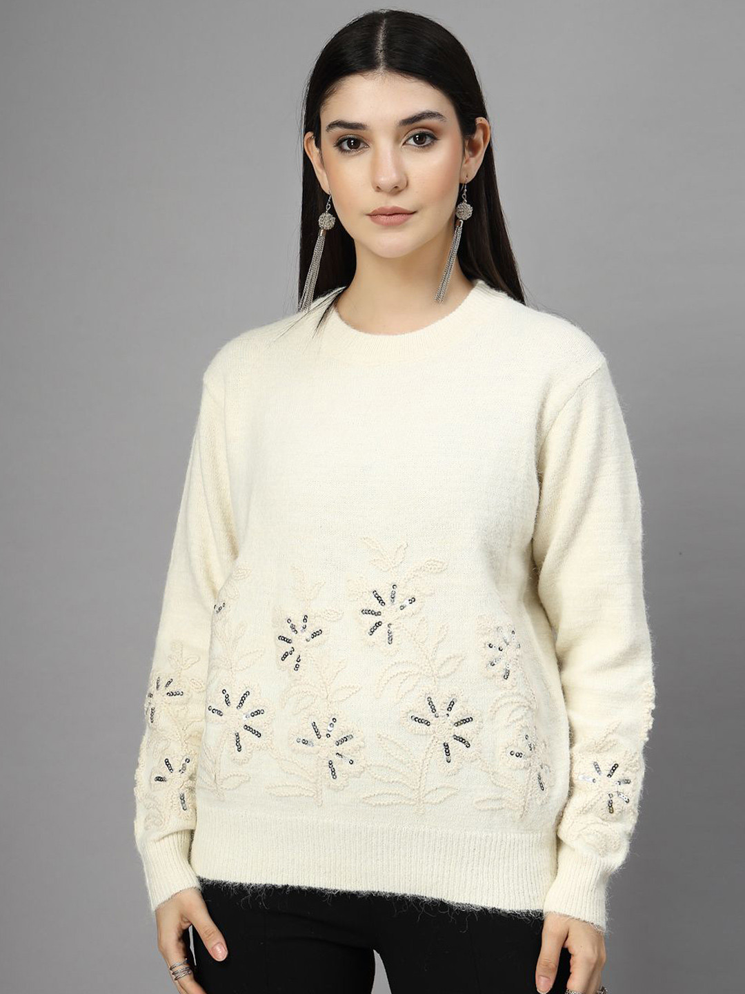 Mafadeny Floral Embroidered Crew Neck Top