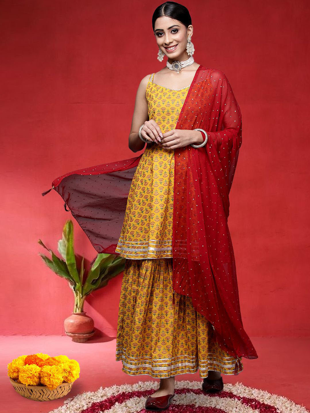 Varanga Floral Printed Pure Cotton Shoulder Straps Anarkali Kurta With Sharara & Dupatta