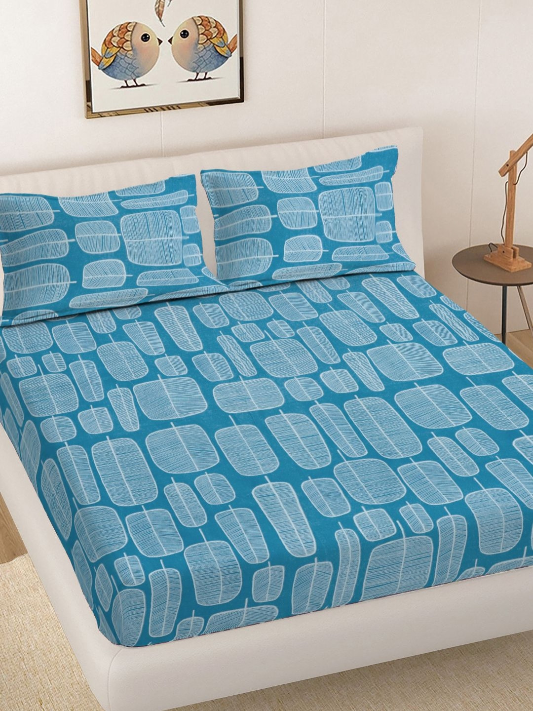 FABINALIV Blue & White Geometric 300 TC King Bedsheet - 2.5 m x 2.25m