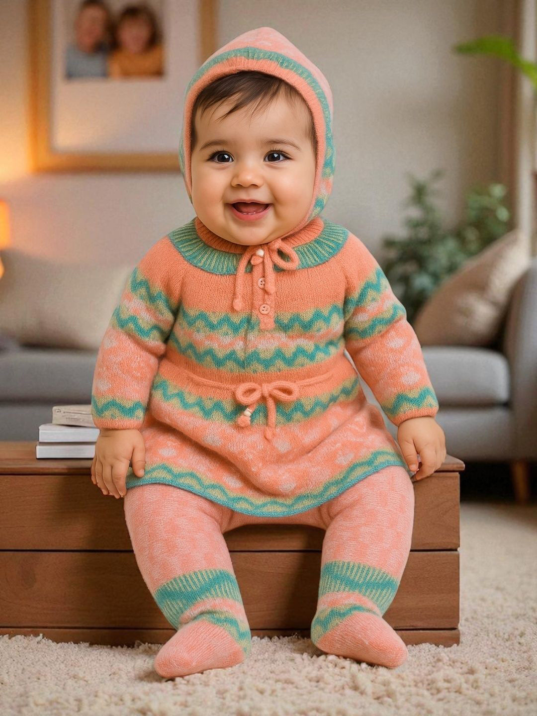 LeafBird Infant Girls Printed Hooded Pure Wool Sweater & Trouser