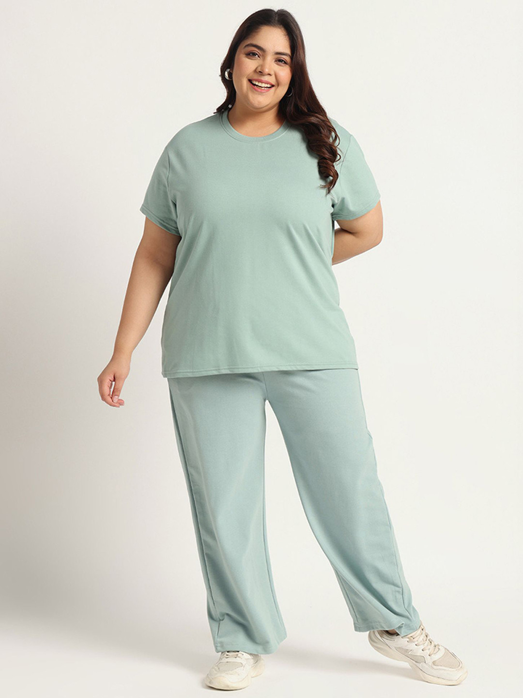 GlamZei Women Plus Size Solid Round Neck Cotton T-shirt and Trousers Co-Ords