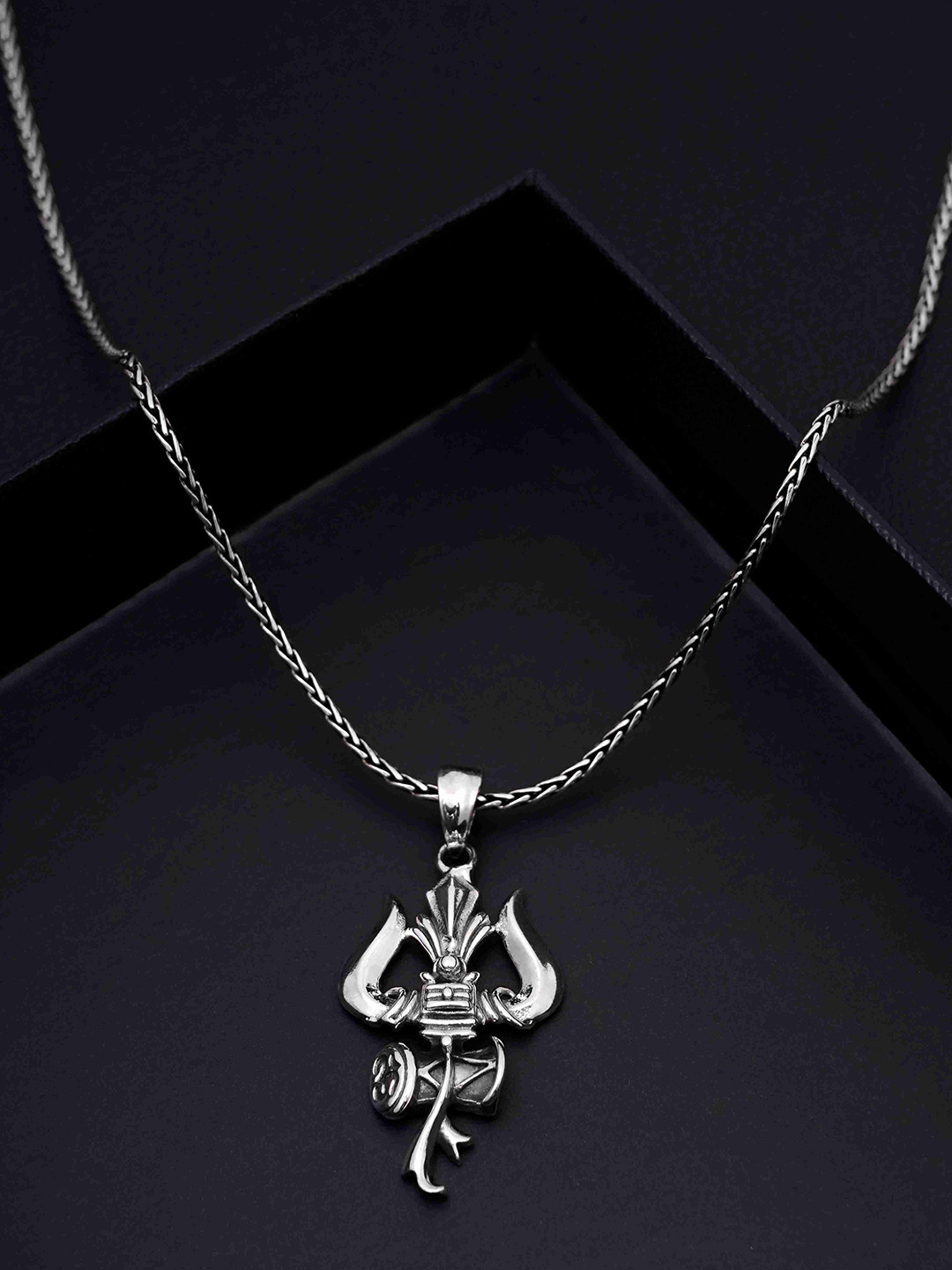 DIAVO Men 925 Silver-Plated Trishul Symbols Of Shiva Pendant