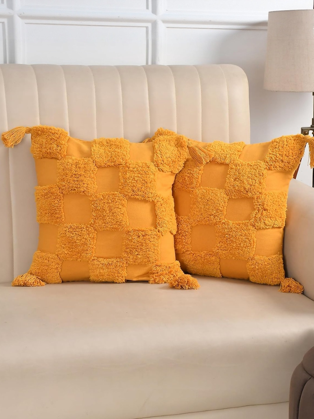 TINDLER KNOTS Set of 2 Orange Geometric Printed Thread Work Square Cotton Cushion Covers