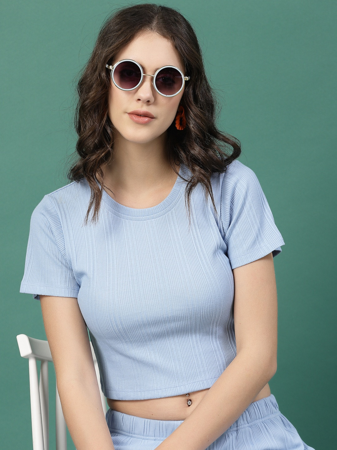 CORSICA Women Light Blue Cotton Top With Trousers Co Ord Set