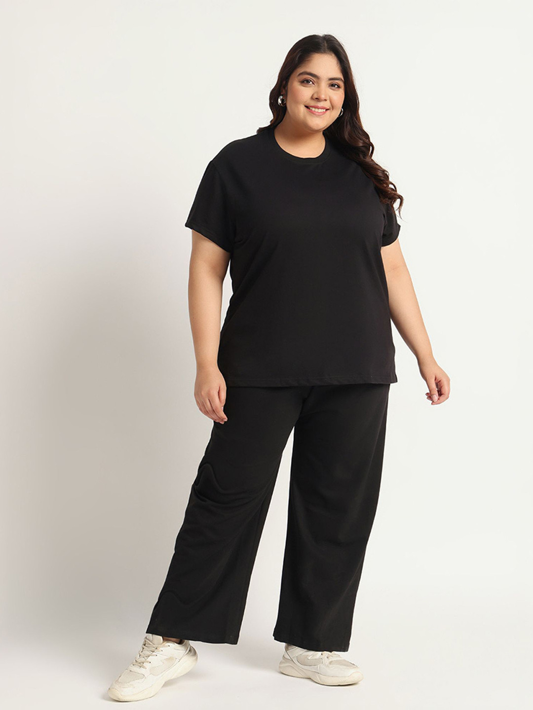 GlamZei Women Plus Size Solid Round Neck Cotton T-shirt and Leggings Co-Ords