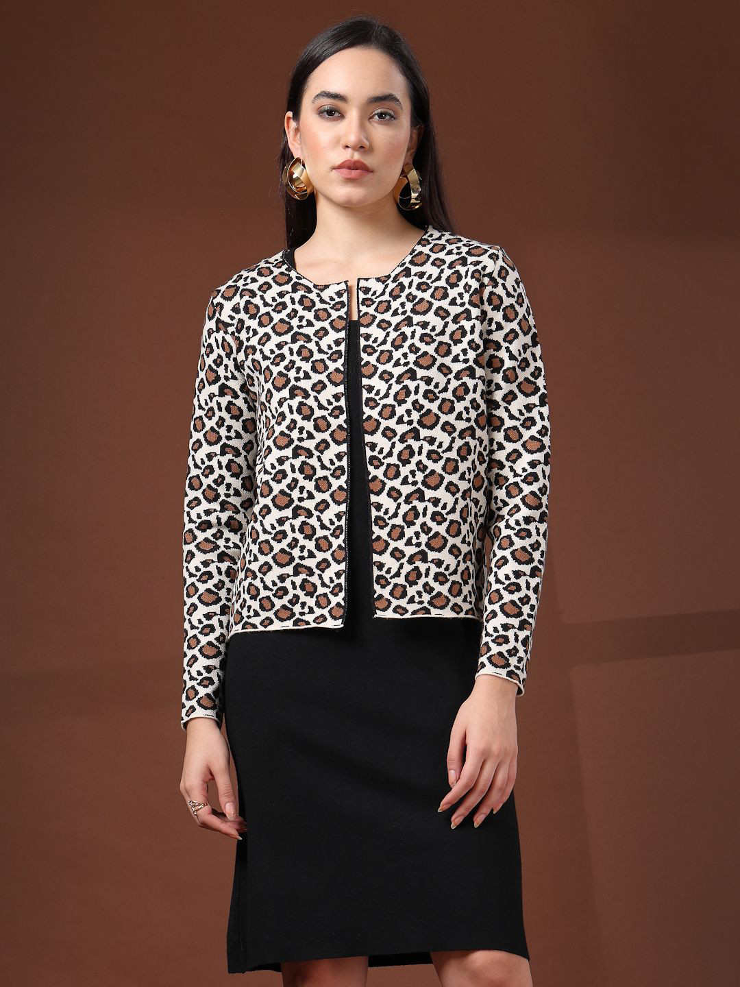 Mafadeny Scoop Neck Midi Dress with Cropped Leopard Print Jacket