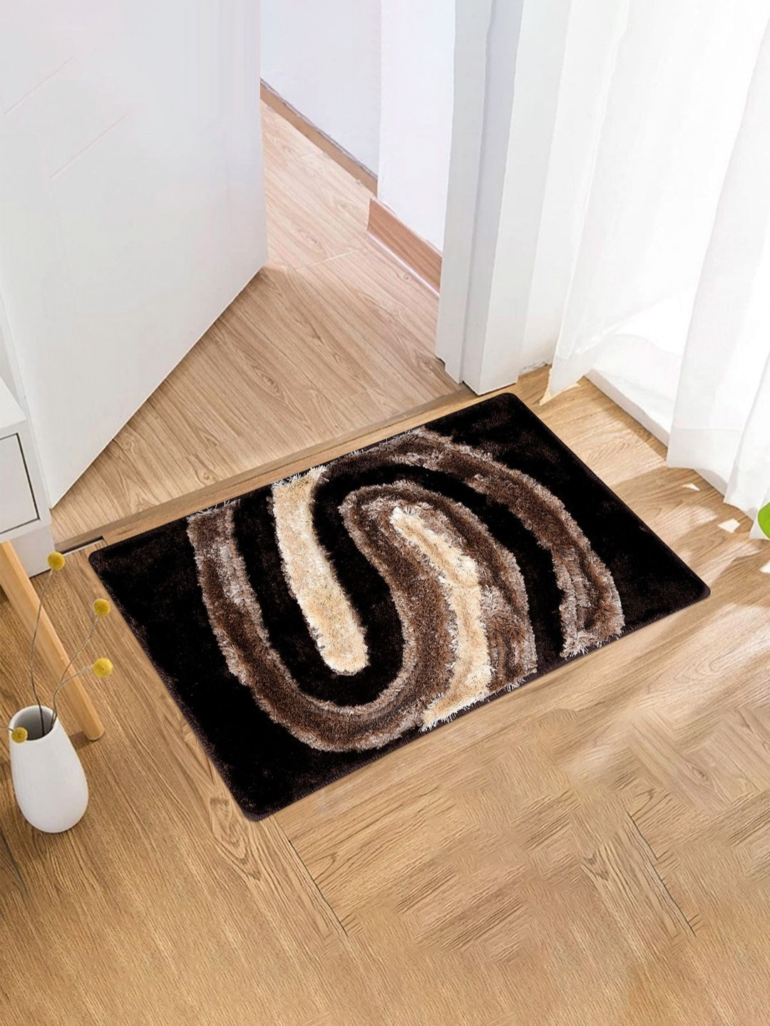 Aura Brown & Beige U-Print Textured Microfiber Anti-Skid Doormat