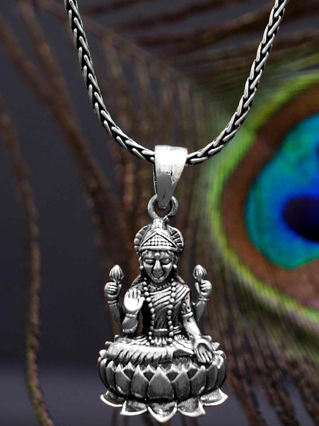 DIAVO Men 925 Silver-Plated Goddess Lakshmi Sacred Pendant