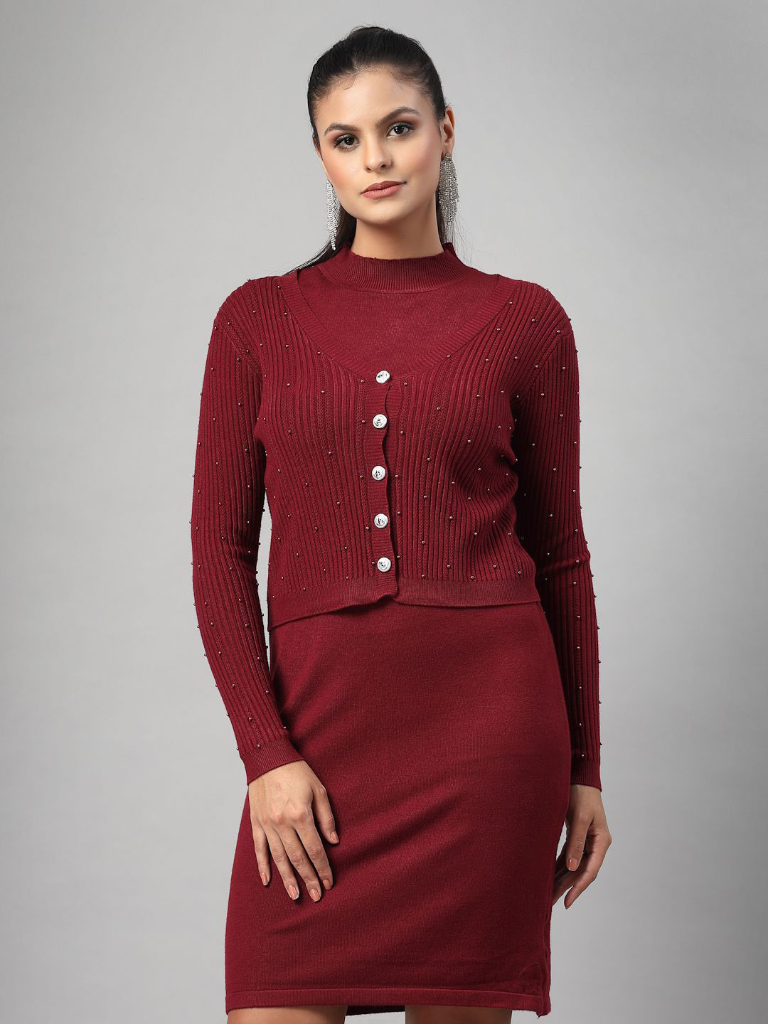 Mafadeny Mock Neck Dress with Pearl Embellished Cropped Cardigan