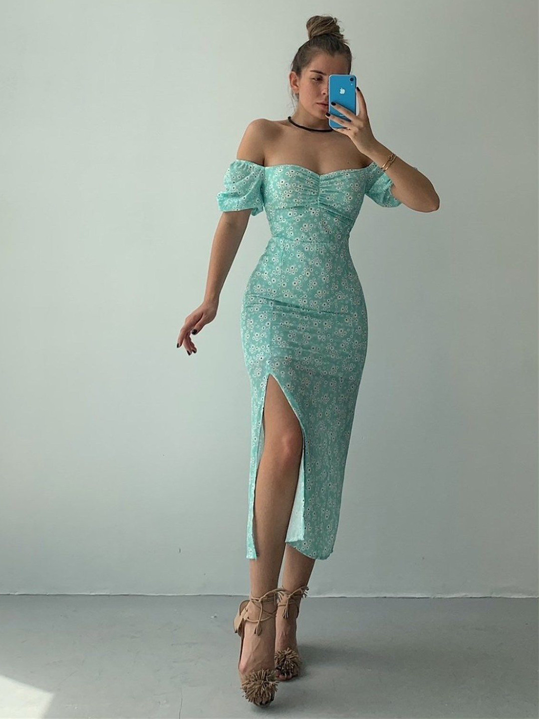 StyleCast Women Ditsy Floral Print Off-Shoulder Bodycon Midi Dress