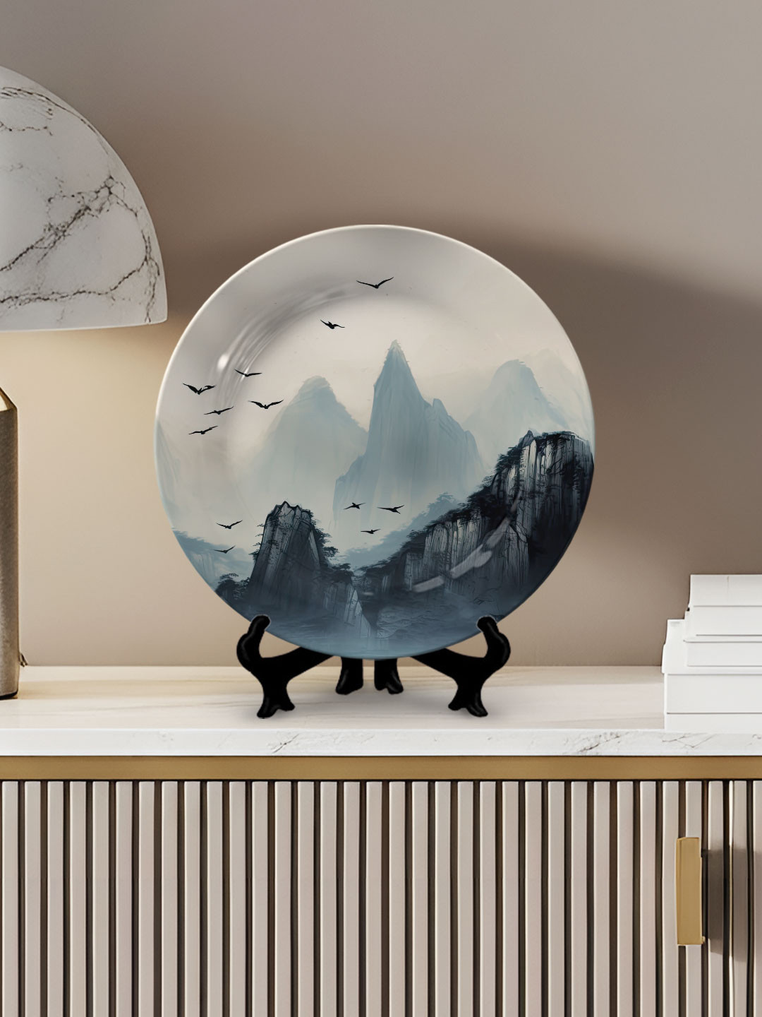 DESSINE ART Blue Traditional Chinese Mountain and Forest Decorative Wall Plate