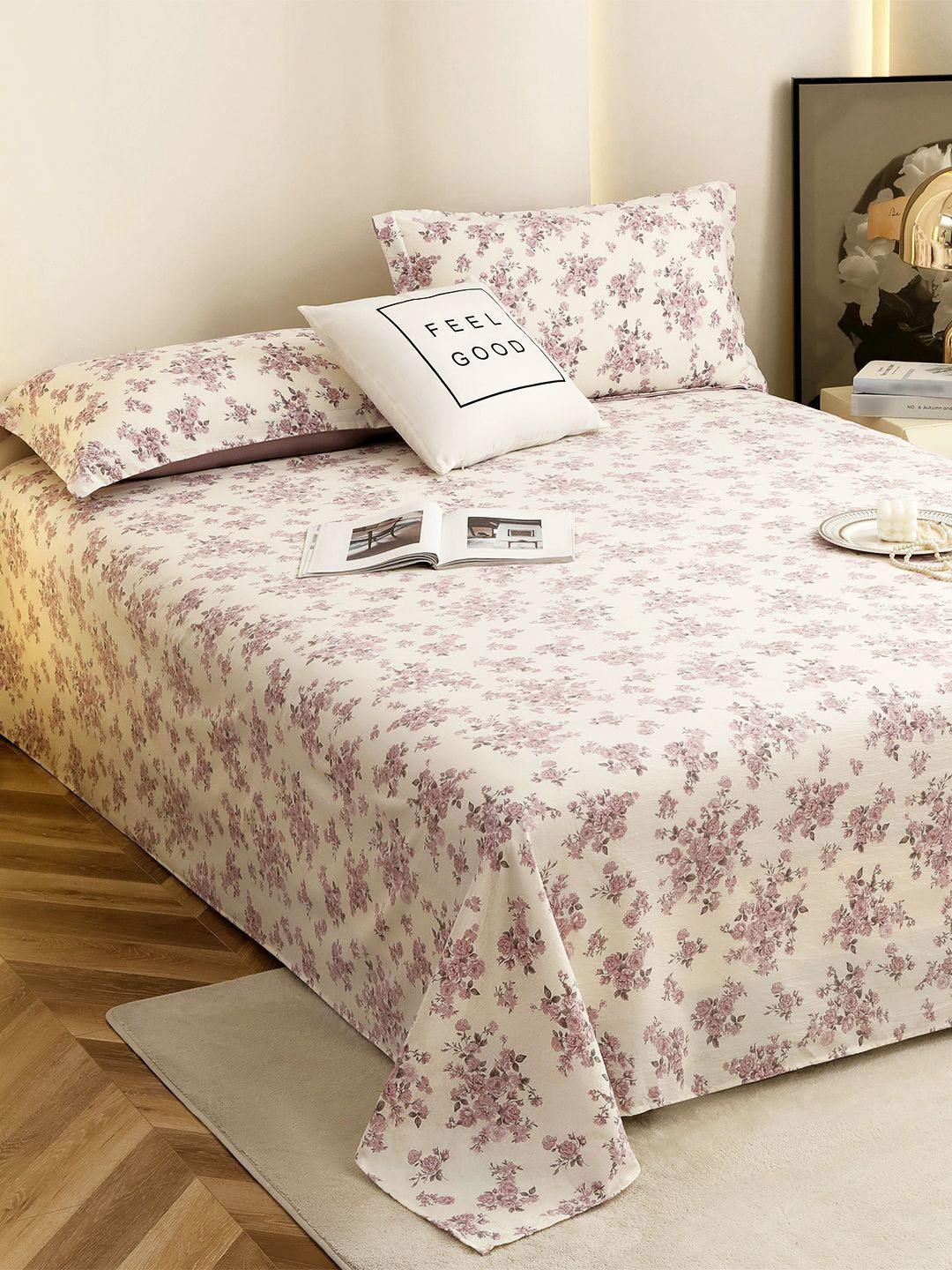 Story@home Gauge Purple & White Printed Microfiber 300 TC King Bedsheet Set 2.5 m x 2.7 m