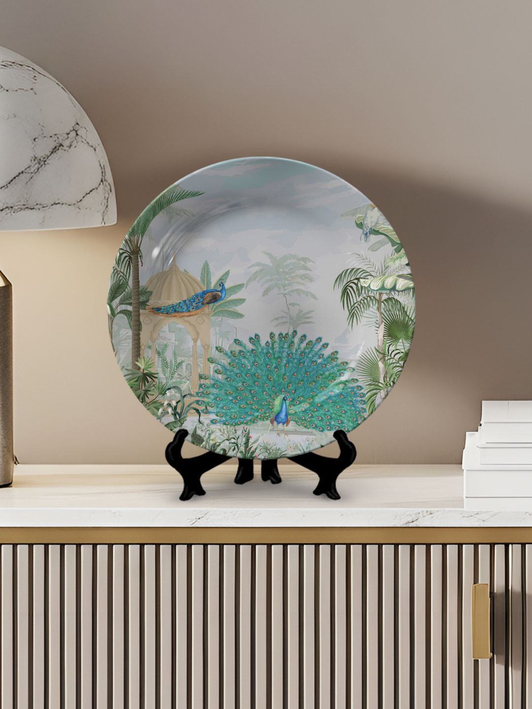 DESSINE ART Green Mughal Garden Printed Decorative Wall Plate With Stand & Metal Hook