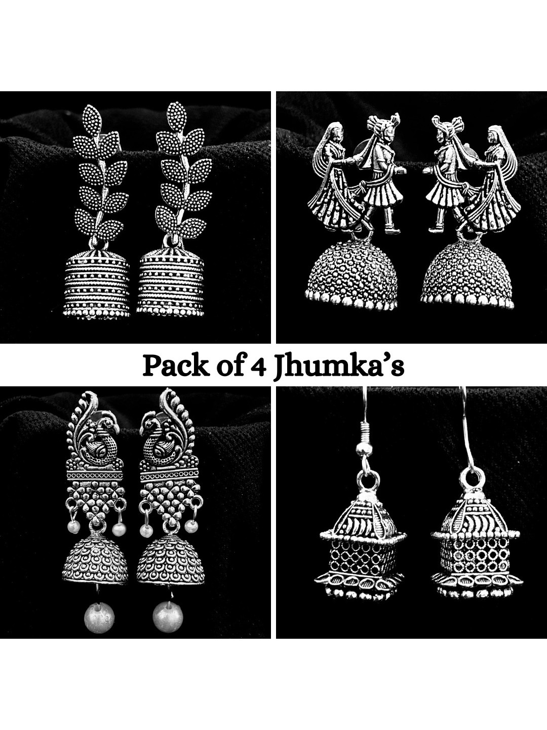 ANNORA INTERNATIONAL Set Of 4 Oxidised Dome Shaped Jhumkas