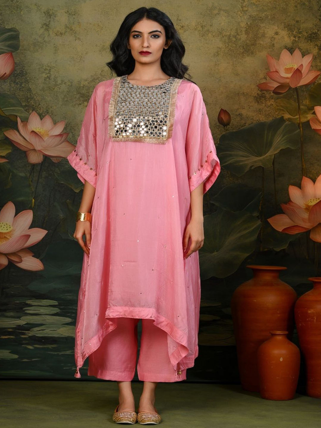 SHOP GULMOHAR Zuri Floral Yoke Design Round Neck Pure Silk Kaftan Kurta With Palazzos