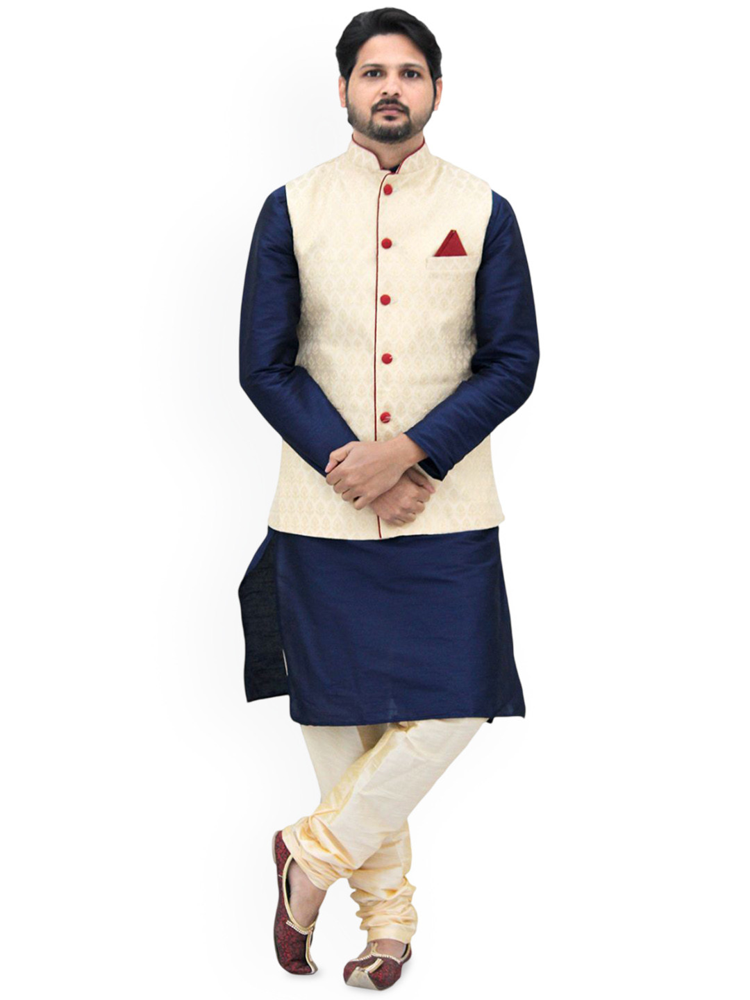 Om Shubh Mangalam Men Self Design Kurta with Churidar & Nehru Jacket
