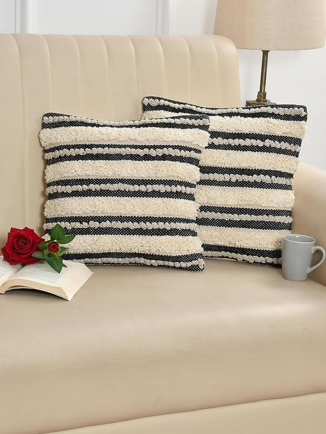 TINDLER KNOTS Off White & Black Set of 2 Hand Tufted Square Cushion Covers