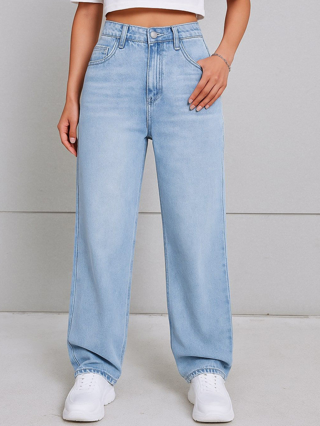NU CLOTHS Women Jean High-Rise Light Fade Stretchable Wide Leg Jeans