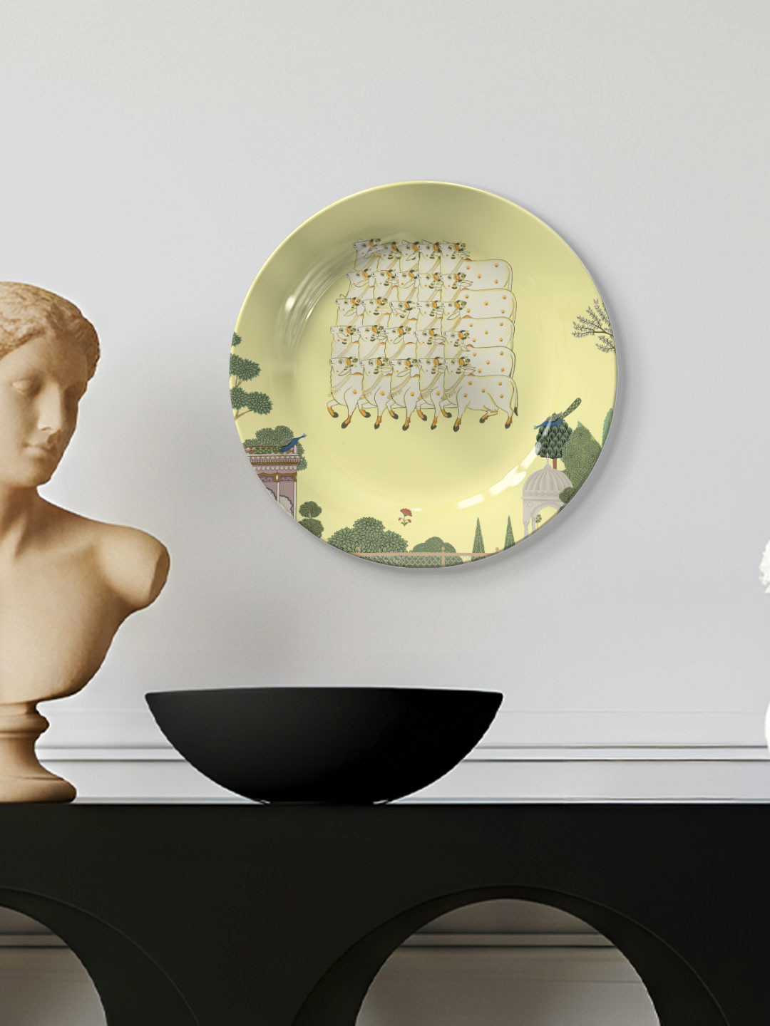 DESSINE ART Lime Green Pichwai Cow Decorative Wall Plate