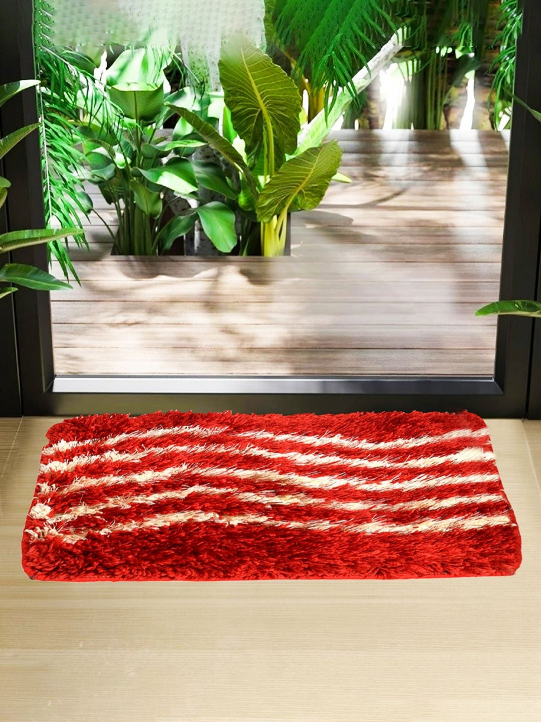 Aura Red & Cream-Coloured Lining Textured Microfiber Anti-Skid Doormat