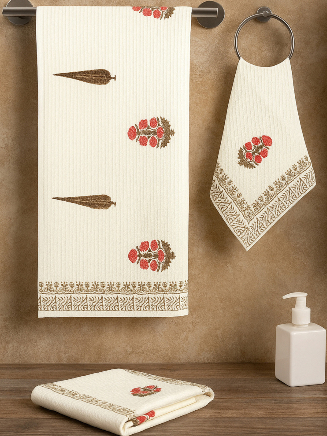 LIVING ROOTS White 3 Pieces Block Printed 210 GSM Waffle Cotton Soft & Absorbent Towel Set