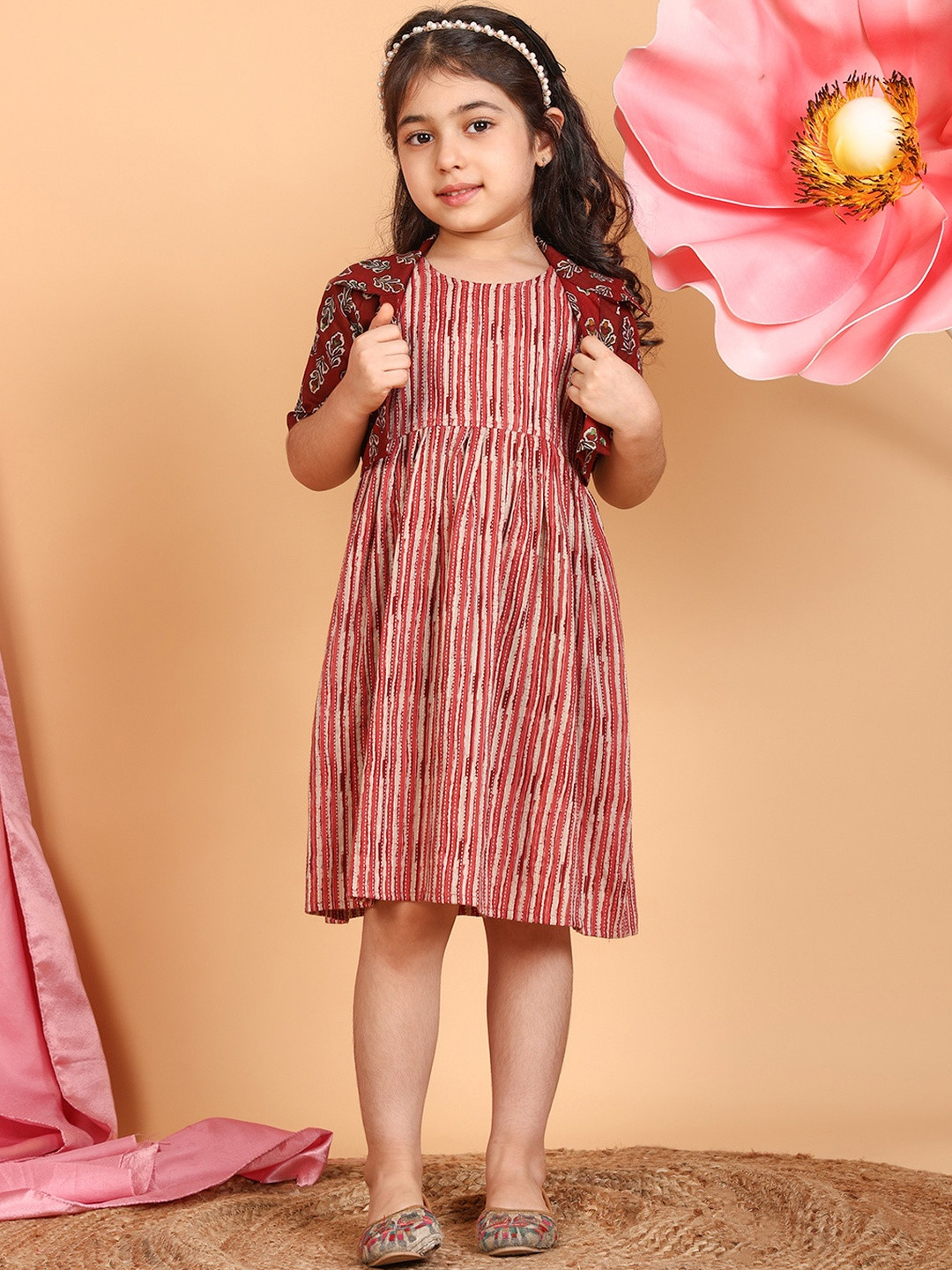 Sangria Girls Cotton Set of 2 Pieces stripped printed Dress