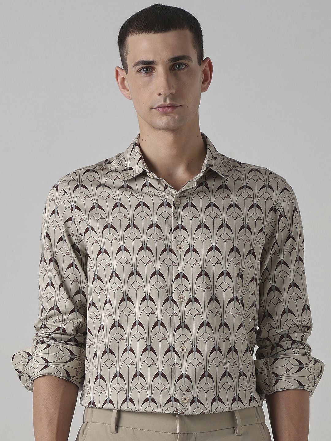 Mufti Men Mufti Pale Oatmeal Beige Printed Shirt