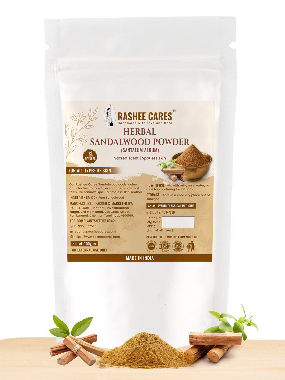 RASHEE CARES Herbal Sandalwood Powder For Soothing Skin - 100 g