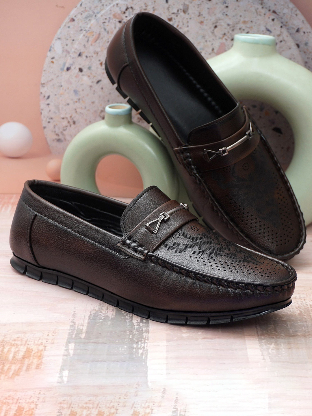T-Rock Men Textured Penny Loafers With Laser Cuts