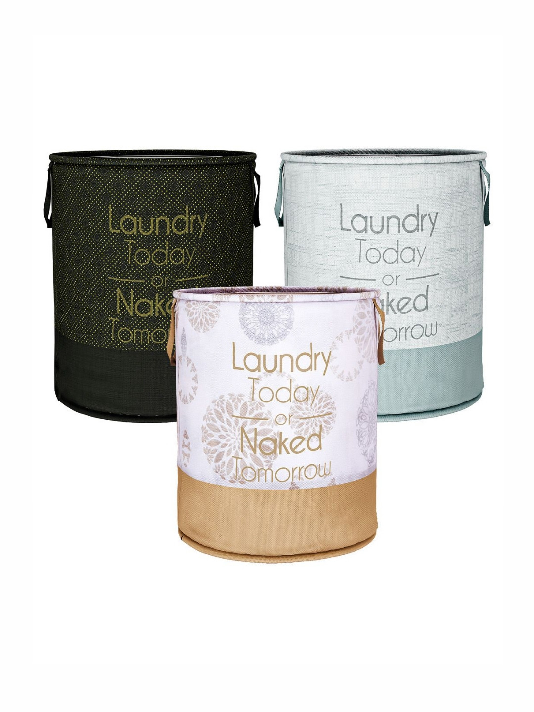 Aura Black & White 3 Pieces Printed Round Foldable Laundry Bags