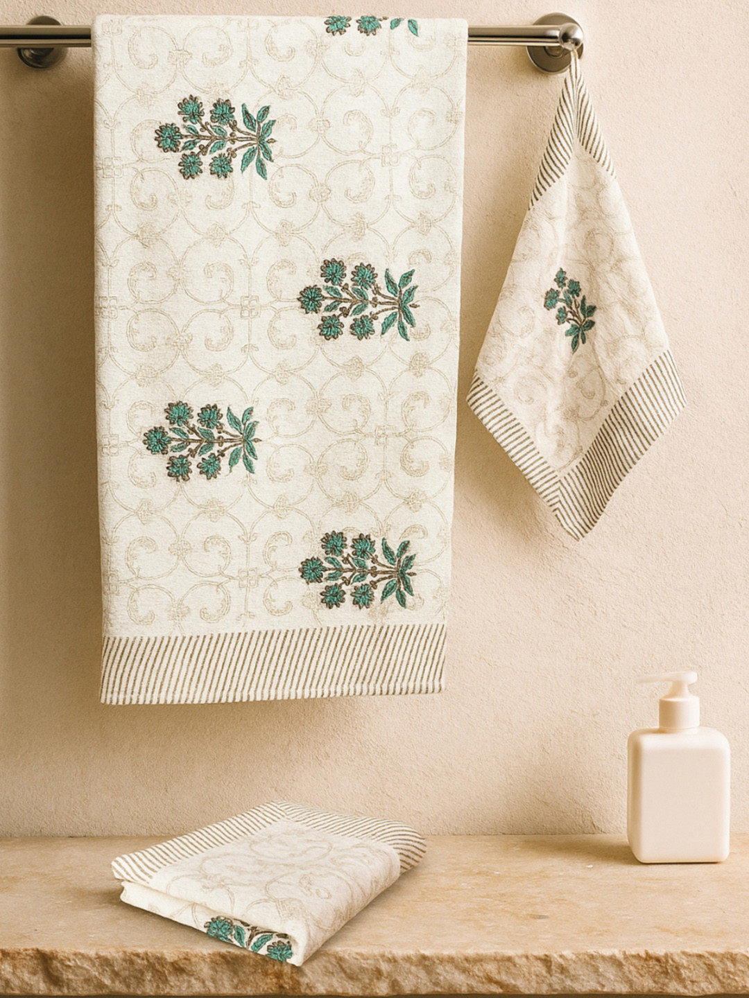 LIVING ROOTS Green 3 Pieces Block Printed 210 GSM Waffle Cotton Soft & Absorbent Towel Set