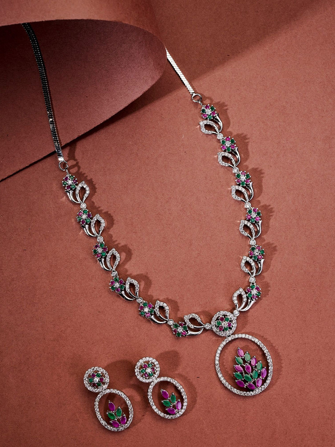 Opal Touch Rhodium Plated Cubic Zirconia Studded Leaflet Motif Jewellery Set