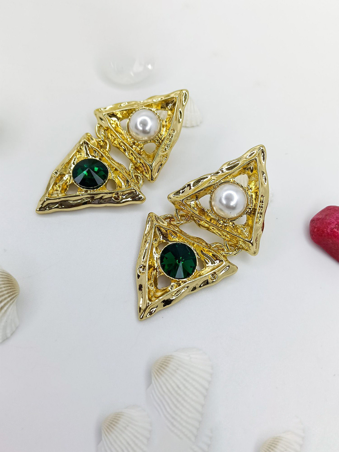 VELVET IMPERIAL Gold-Plated Artificial Stones & Pearls Studded Triangular Drop Earrings