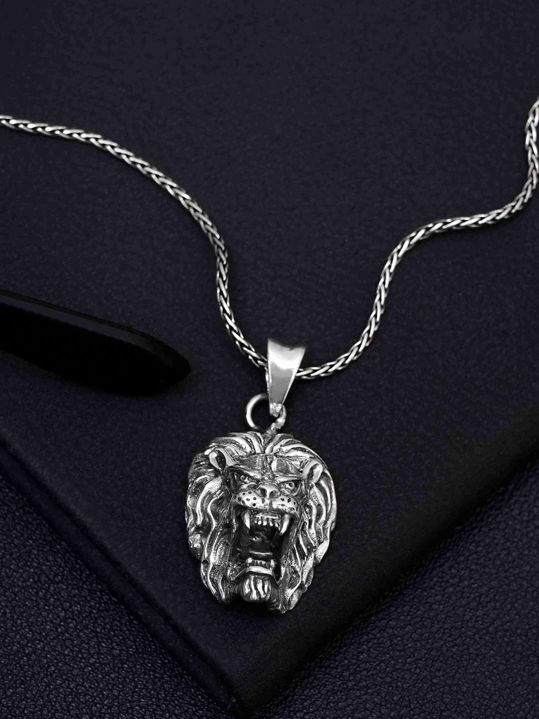 DIAVO Men 925 Silver-Plated Roaring Lion Pendant