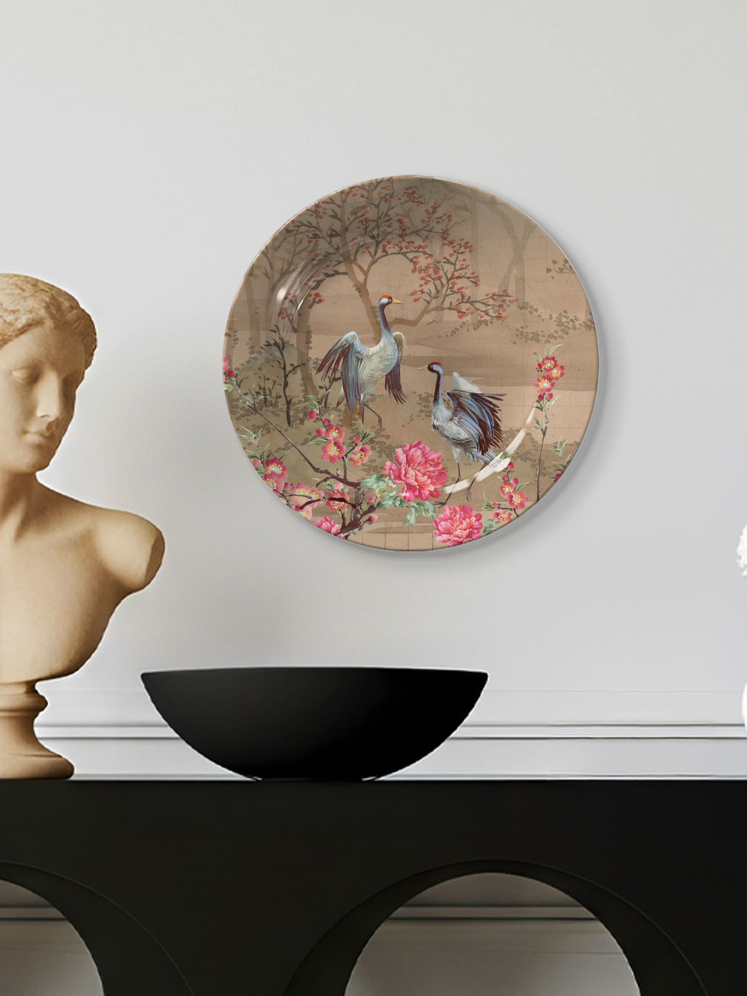DESSINE ART Brown & Pink Japanese Cranes Printed Decorative Wall Plate