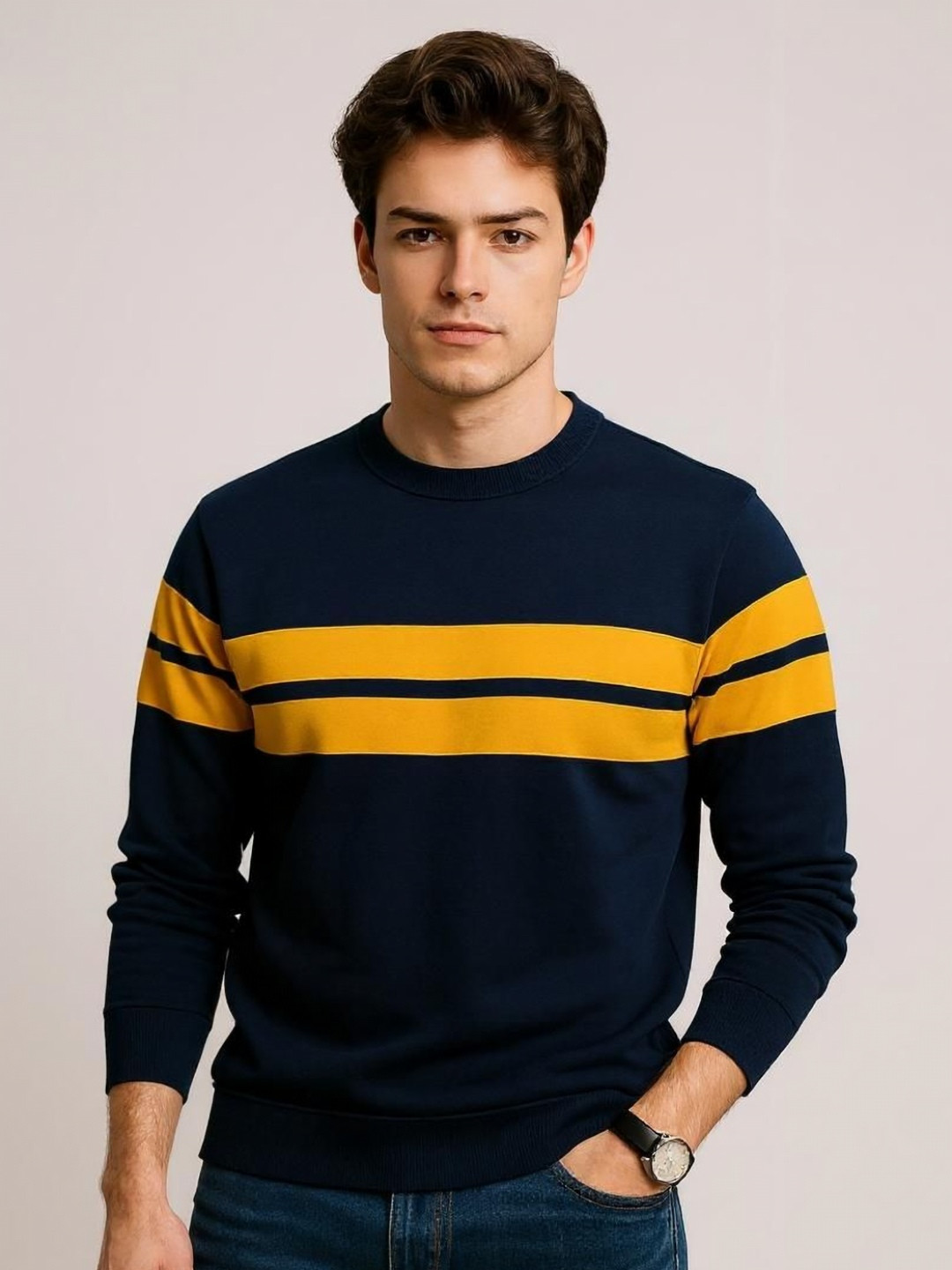 AUTNA Men Striped Round Neck Cotton T-shirt