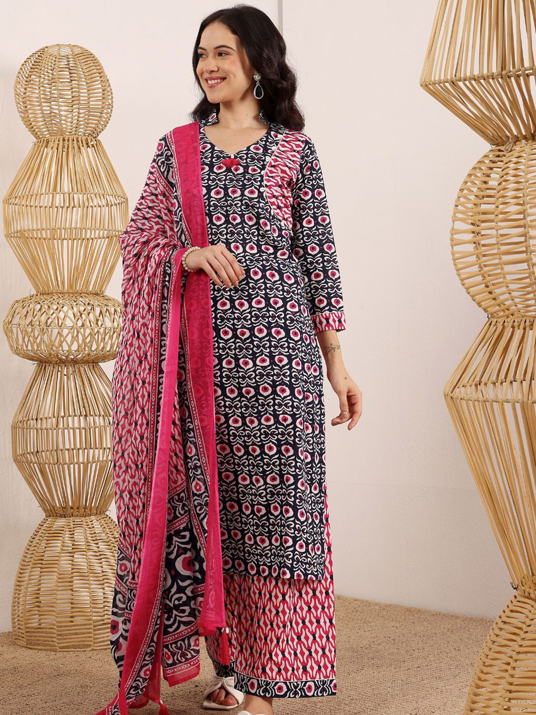 Lative Colours of Fashion Women Ethnic Print Pure Cotton Kurta With Palazzos & Dupatta
