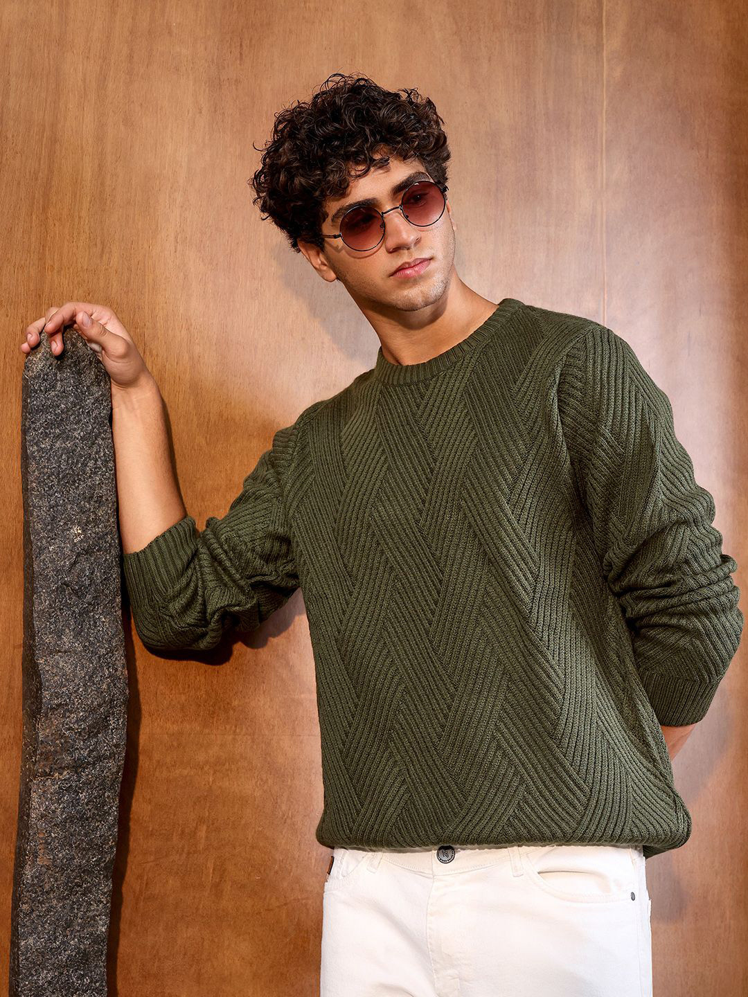 Campus Sutra Men Basket-Jacquard Knit Pullover Sweater