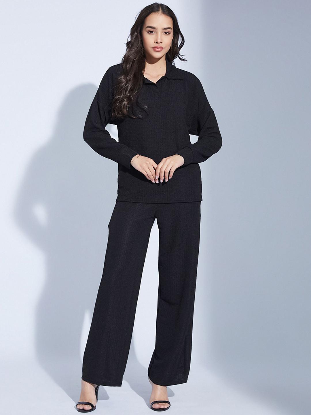 Selvia Edge Women Solid Polo Collar Top and Trousers Co-Ords