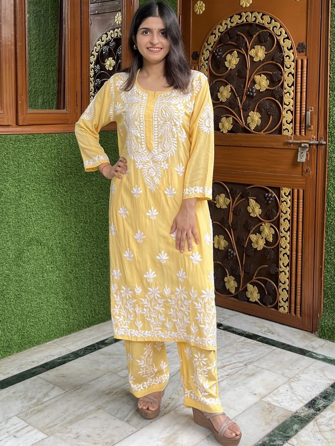 Everything In Chikankari Women Yellow Ethnic Motifs Chikankari Embroidered Kurta & Palazzo