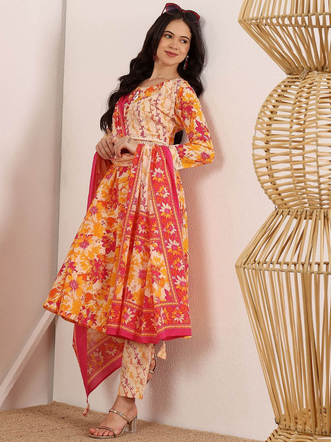Lative Colours of Fashion Women Printed Cotton Anarkali Kurta with Trouser & Dupatta