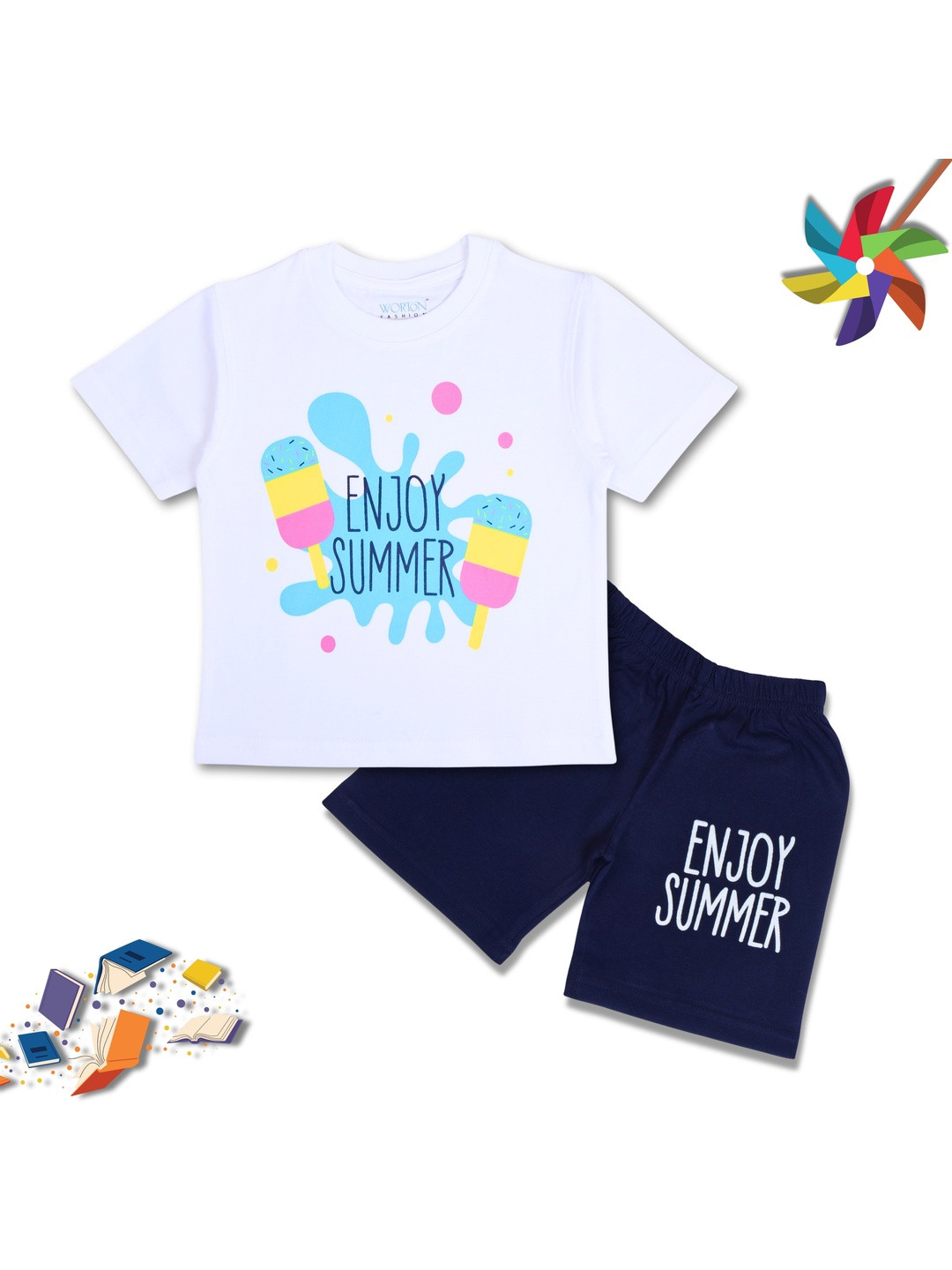 WORTON FASHION Kids White & Blue Printed Round Neck Cotton T-shirt With Shorts