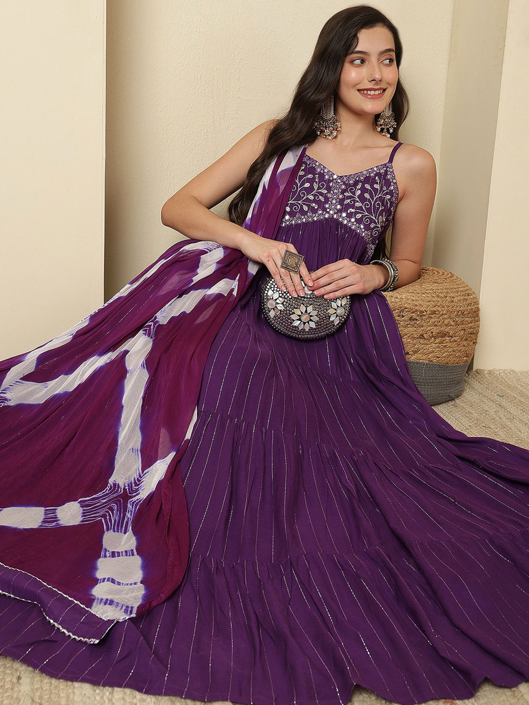 GLAM ROOTS Women Mirror Work Floral Anarkali Kurta