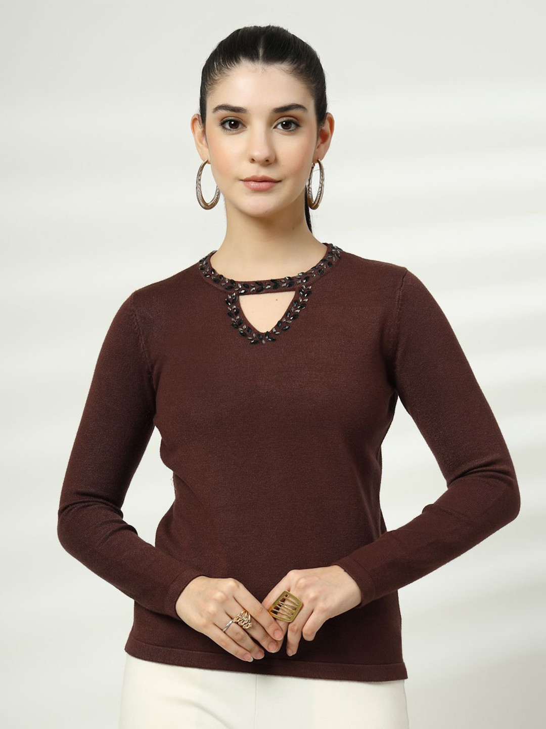Mafadeny Slim Fit top with Embellished Neckline and Full Sleeves