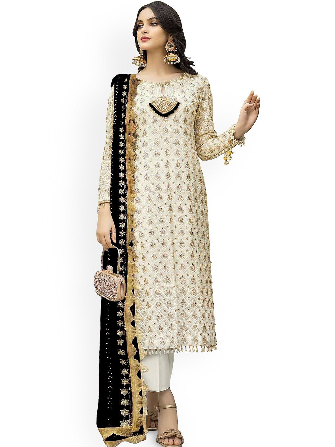 ZONFAB Floral Embroidered Sequinned Georgette Semi-Stitched Dress Material