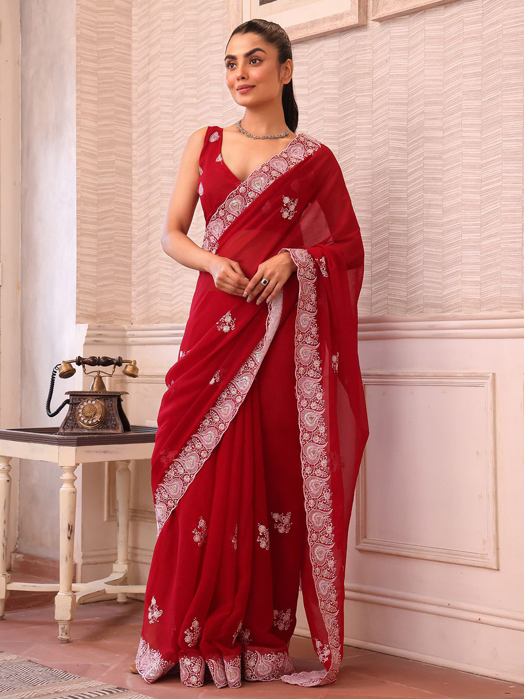Mitera Ethnic Motifs Sequinned Pure Chiffon Saree