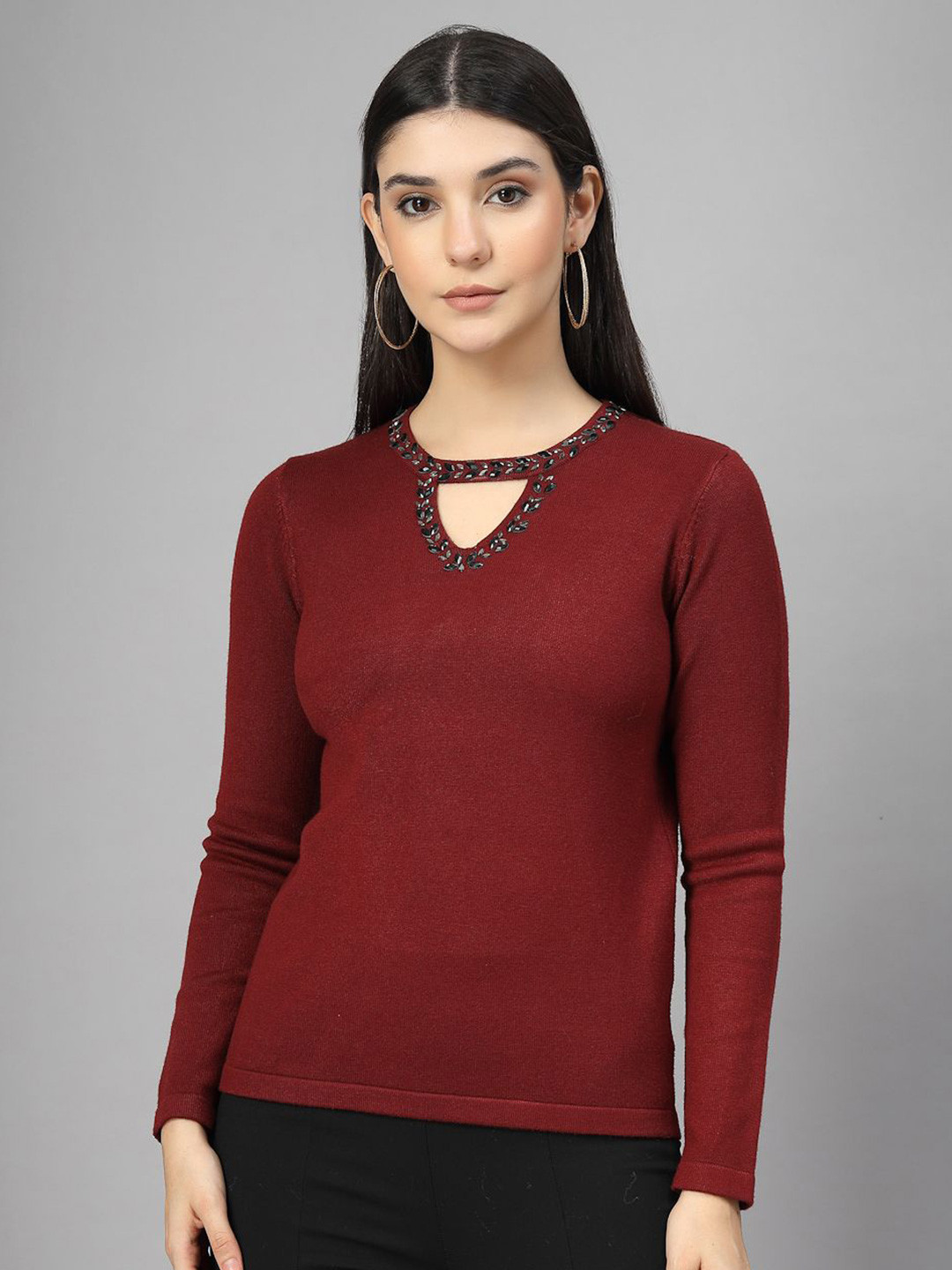 Mafadeny Slim Fit top with Embellished Neckline and Full Sleeves