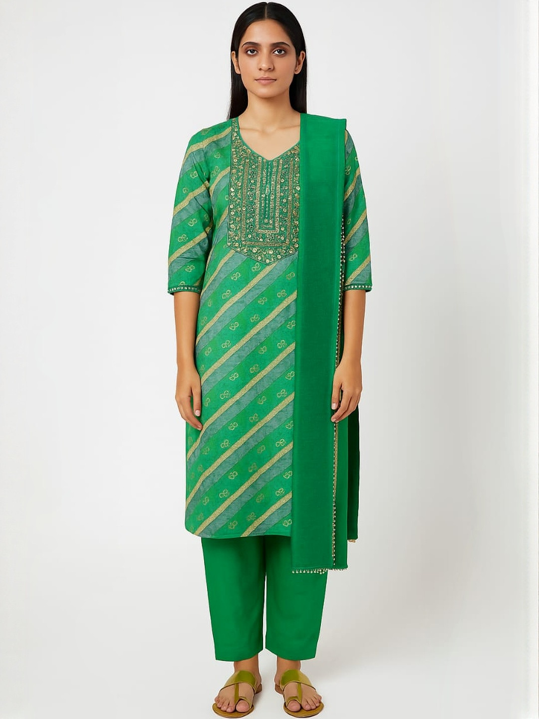 Silakaari Women Green Heavy Gota Flower On Neck Unstiched Dress Material