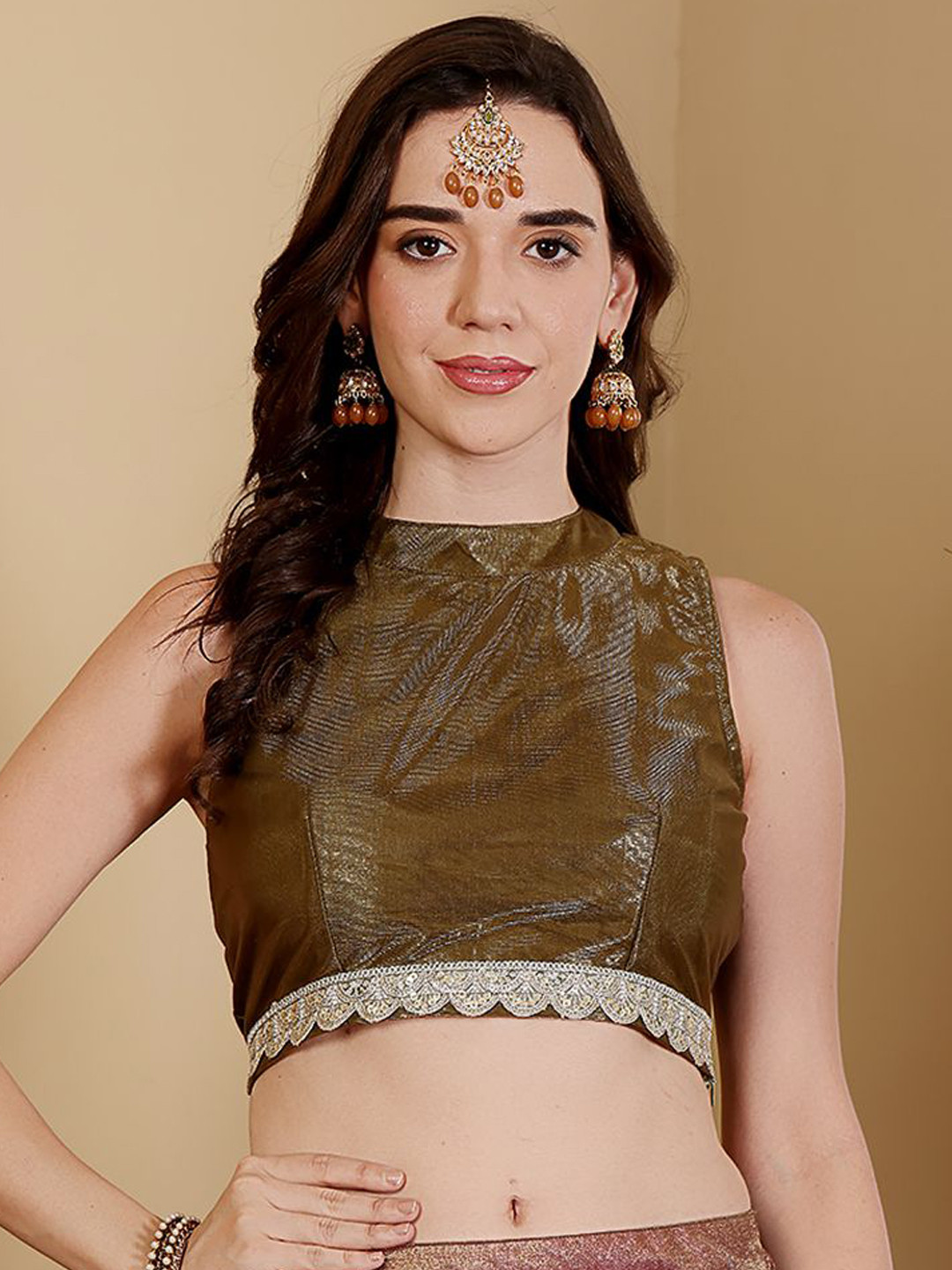 Frolic Rolic Embellished Lace-Detail Sleeveless Saree Blouse