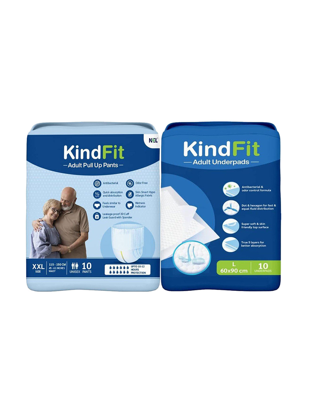 Kindfit Unisex Set Of 2 Pull-Up Pants Adult Diapers With Underpads - 10 Pcs Each - XXL